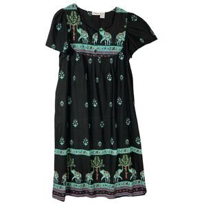 LOUNGEES Dress L Elephant Floral Black Green Pink Pocket Short-Sleeve Midi-Style
